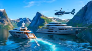 Illustration of Mark Zuckerberg's superyacht journey to Norway's fjords for an exclusive heliskiing adventure.