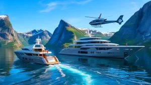Illustration of Mark Zuckerberg's superyacht journey to Norway's fjords for an exclusive heliskiing adventure.