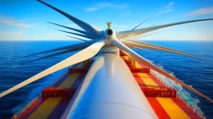 Illustration of ultra-long wind turbine blades being transported for offshore testing.