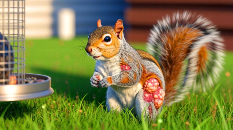 “Experts Call Squirrels Grotesque”: US Wildlife Officials Warn Crisis As Tumor Outbreak Spreads Fear Through Fragile Ecosystems Illustration of gray squirrels with pus-filled tumors in a backyard setting.