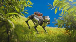 Illustration of robotic dogs equipped with insecticide sprayers in Hong Kong.
