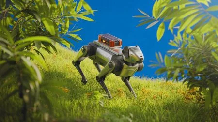 Illustration of robotic dogs equipped with insecticide sprayers in Hong Kong.