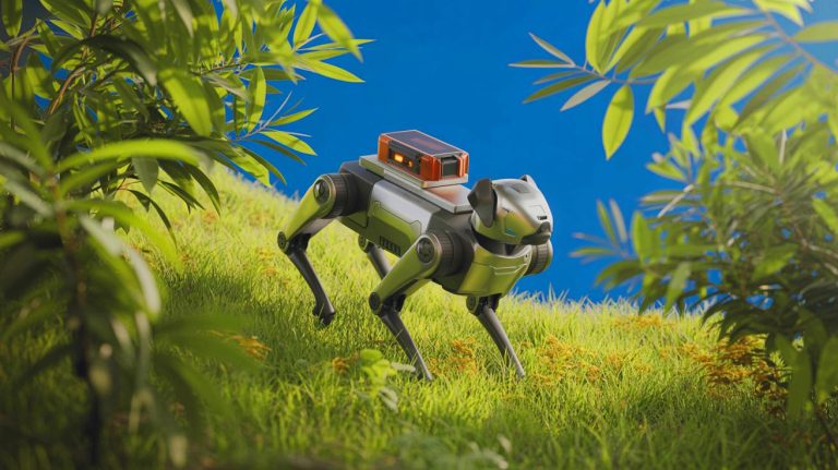 Illustration of robotic dogs equipped with insecticide sprayers in Hong Kong.