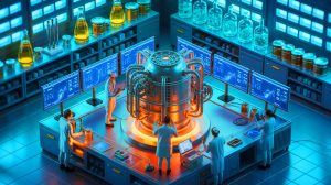 Illustration of scientists developing a method to recycle nuclear waste into tritium for fusion reactors.