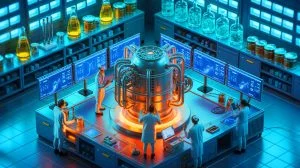 Illustration of scientists developing a method to recycle nuclear waste into tritium for fusion reactors.