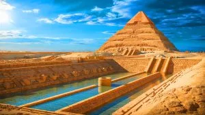 Illustration of a sophisticated water management system around the Pyramid of Djoser highlighting ancient Egyptian engineering techniques.