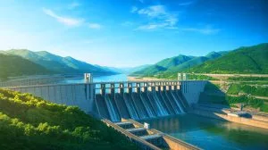 Illustration of the Three Gorges Dam in China and its potential impact on Earth's rotation and environment.