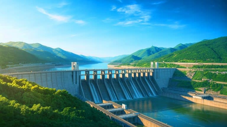 Illustration of the Three Gorges Dam in China and its potential impact on Earth's rotation and environment.