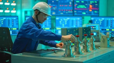 Illustration of a nuclear power plant technician operating cooling valve controls.