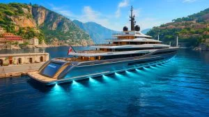Illustration of Mark Zuckerberg's yacht "Launchpad" docked at La Ciotat shipyard for repairs.