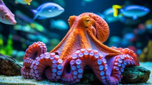 Illustration of an octopus farm highlighting ethical and environmental concerns.