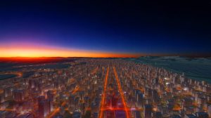 Illustration of the global impact of simultaneous light activation on power grids and the environment.
