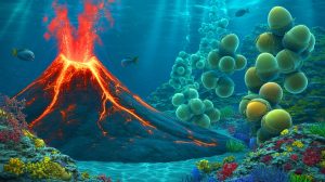 Illustration of an active underwater volcano revealing thousands of giant eggs of the Pacific white skate.