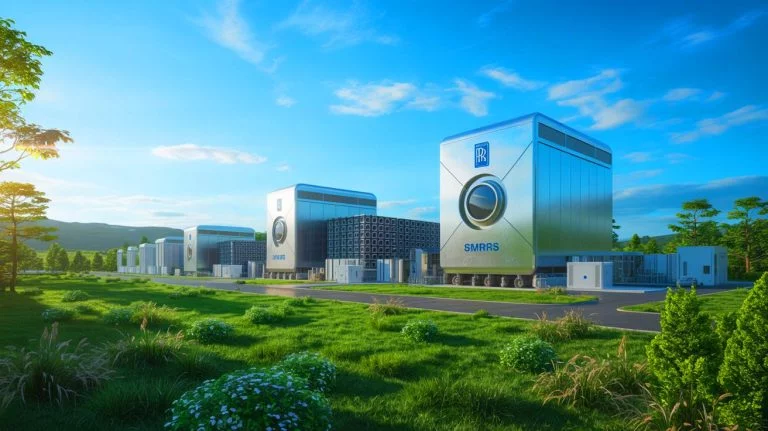 Illustration of Rolls-Royce's Small Modular Reactor initiative for clean energy production.