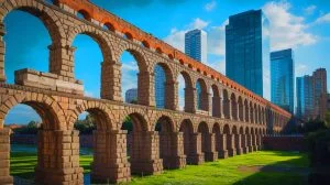 Illustration of ancient Roman concrete structures enduring through time.