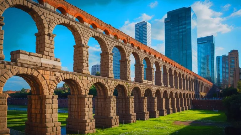 Illustration of ancient Roman concrete structures enduring through time.