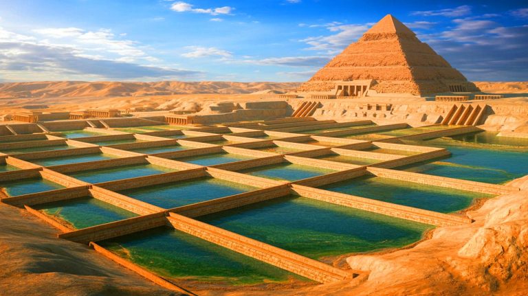 Archaeologists Egypt Find Reveals Stunning Clues That Water Power Could Unlock Ancient Secrets Of Pyramid Building Long Thought Impossible Illustration of advanced hydraulic systems used in the construction of ancient Egyptian pyramids.