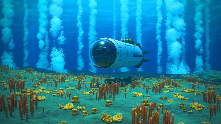Illustration of a manned submersible exploring deep-sea ecosystems in the Pacific Ocean.