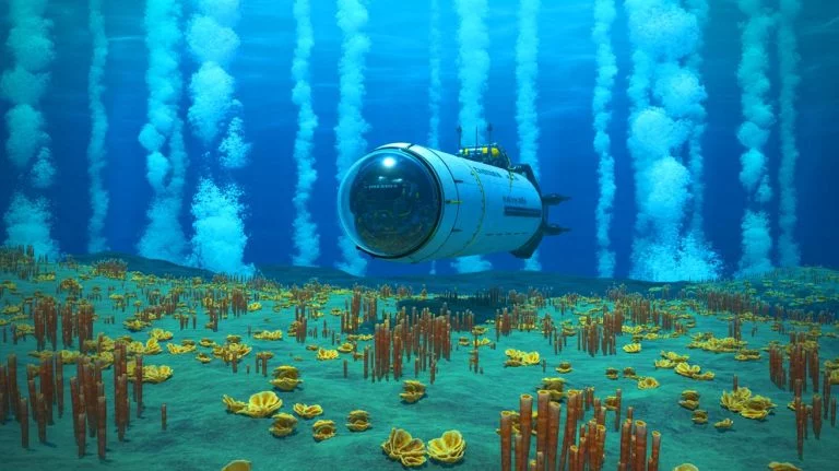 Illustration of a manned submersible exploring deep-sea ecosystems in the Pacific Ocean.