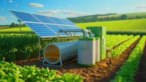 Illustration of the solar-powered system transforming human urine into fertilizer.