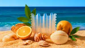 Illustration of a biodegradable plastic alternative made from seashell minerals and citric acid polymers.