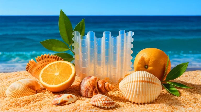 Illustration of a biodegradable plastic alternative made from seashell minerals and citric acid polymers.