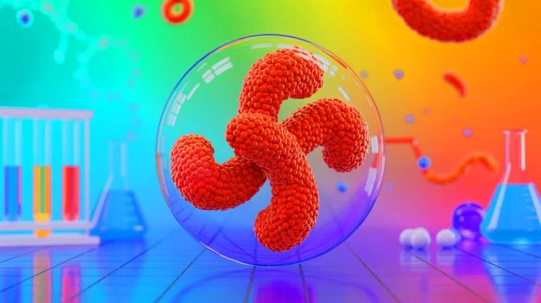 Illustration of a synthetic cell breaking symmetry in response to chemical signals.