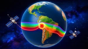 Illustration of the South Atlantic Anomaly's impact on Earth's magnetic field and space technology.