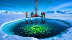 Illustration of scientists discovering a hidden ecosystem beneath the frozen surface of an Antarctic lake.