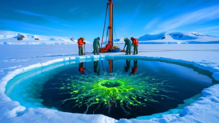 Illustration of scientists discovering a hidden ecosystem beneath the frozen surface of an Antarctic lake.