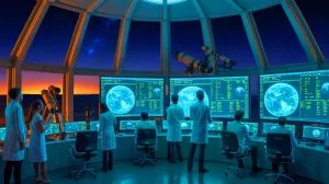 Illustration of scientists assessing the likelihood of asteroid impacts on Earth.