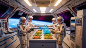 Illustration of astronauts potentially consuming food derived from 3D-printed plastic waste in deep space.