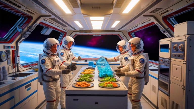 Illustration of astronauts potentially consuming food derived from 3D-printed plastic waste in deep space.