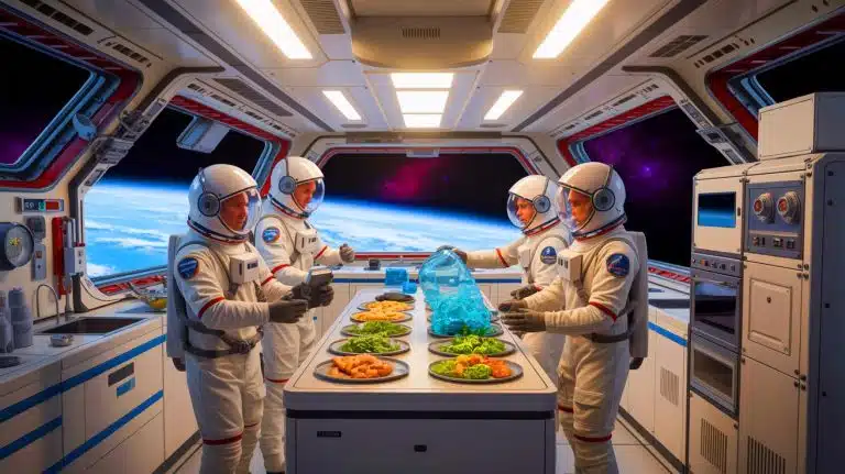 Illustration of astronauts potentially consuming food derived from 3D-printed plastic waste in deep space.