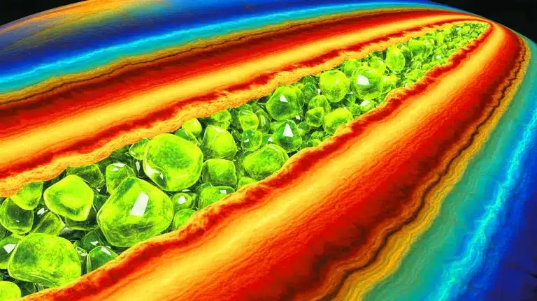 Illustration of the mineral olivine's role in transporting water deep into Earth's mantle.