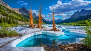 Illustration of long-frozen whitebark pines emerging from a melting ice patch in the Yellowstone region.