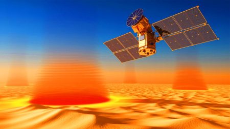 Illustration of satellite technology mapping extreme temperatures in desert regions.