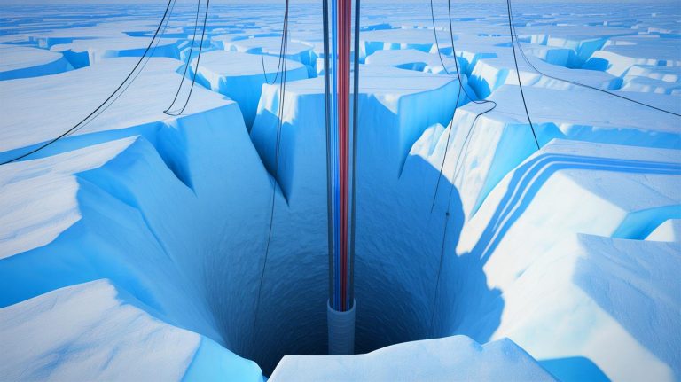 Illustration of a fiber-optic cable being lowered into a borehole in the Greenland Ice Sheet.