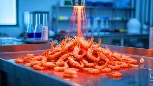 Illustration of shrimp waste being transformed into activated carbon for carbon dioxide capture.