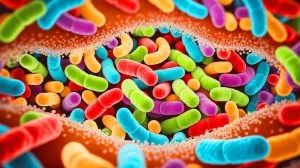 Illustration of the genetic transformation of gut bacteria due to refined sugar consumption.