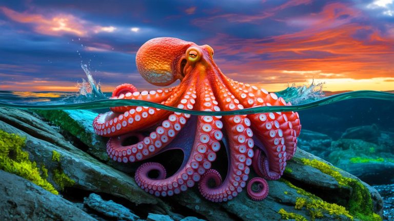Illustration of octopuses potentially evolving into a dominant terrestrial species.