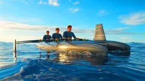 Illustration of three Scottish brothers rowing a Formula One-inspired boat across the Pacific Ocean.
