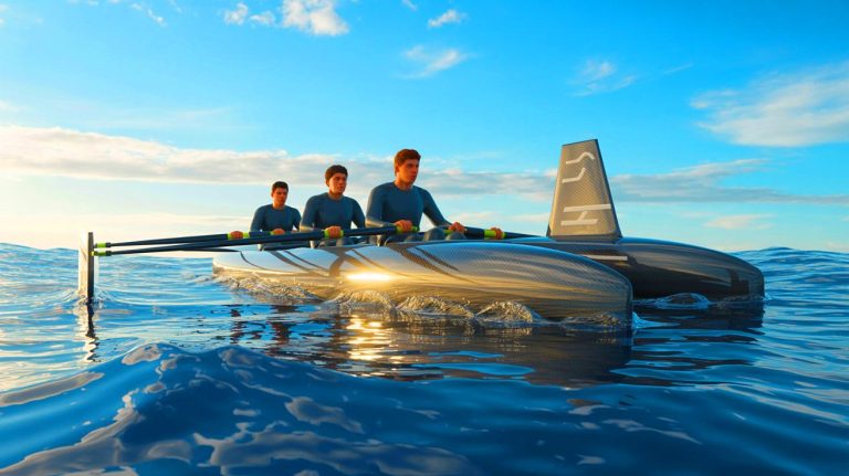 Illustration of three Scottish brothers rowing a Formula One-inspired boat across the Pacific Ocean.