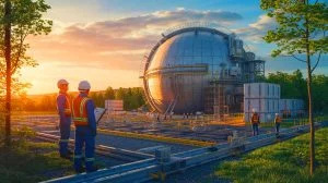 Illustration of the U.S. Department of Energy advancing nuclear reactor projects under President Trump's initiative.