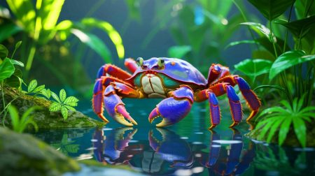 Illustration of a rare purple panda crab in its natural tropical habitat.