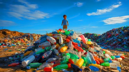 Illustration of a child standing on a mountain of rubbish at the Bantar Gebang landfill site, one of Jakarta's biggest dump sites.