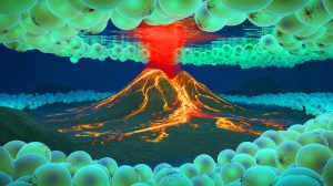 Illustration of an underwater volcano revealing giant eggs of the Pacific white skate.
