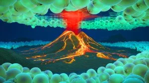 Illustration of an underwater volcano revealing giant eggs of the Pacific white skate.