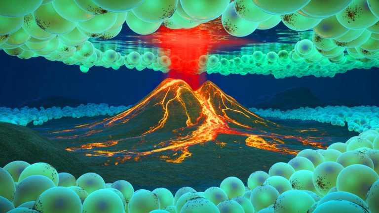 Illustration of an underwater volcano revealing giant eggs of the Pacific white skate.