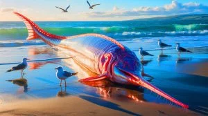 Illustration of a giant oarfish washed ashore, capturing the intrigue and mystery surrounding these elusive deep-sea creatures.